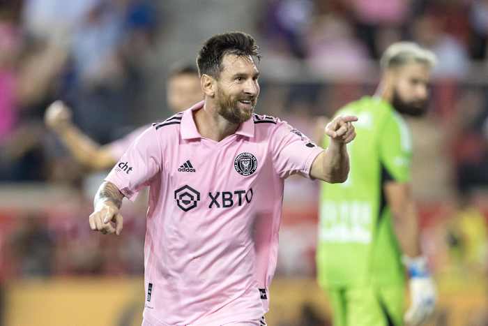 Lionel Messi pictured celebrating after scoring on his Major League Soccer debut in Inter Miami's 2-0 win away at New York Red Bulls in August 2023
